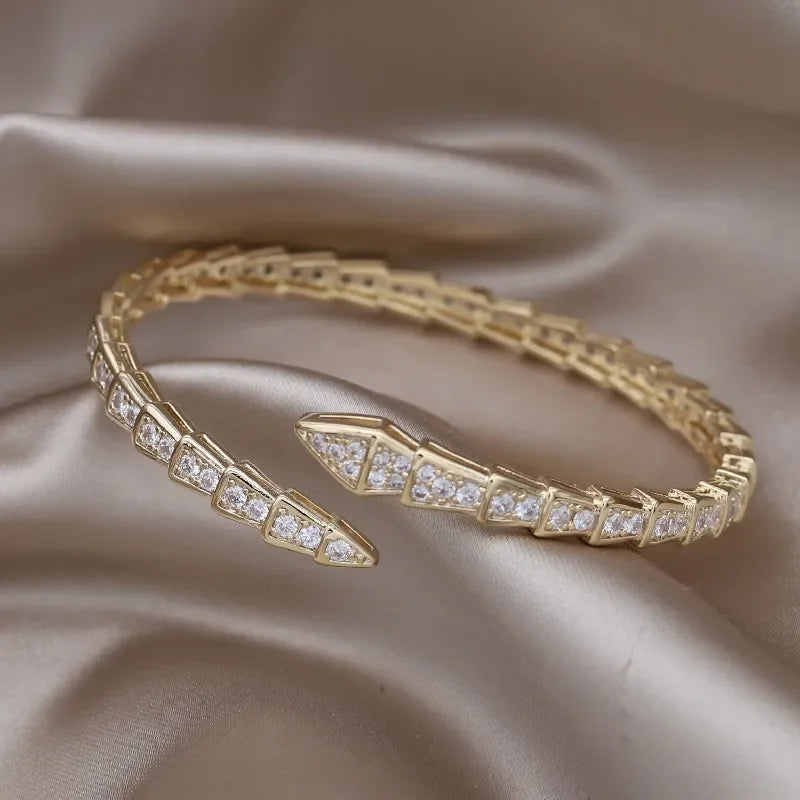 Boho 14k Gold Zirconia Diamond Snake Bracelet - Golden Serpent