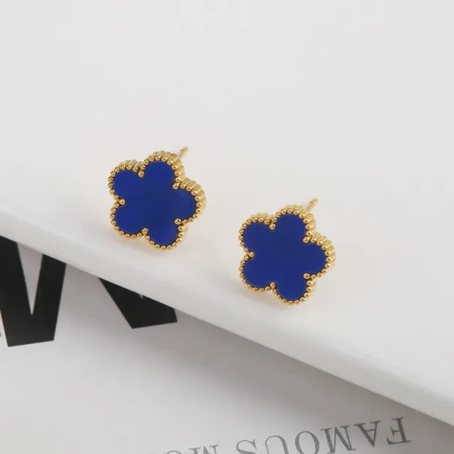 Blue Gold Plated Clover Leaf Charm Earrings