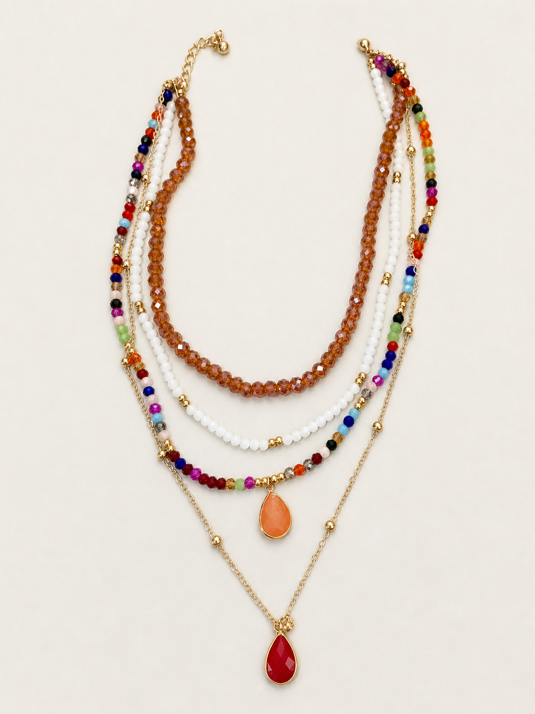 Boho Multi Layered Necklace with Red and Rose Quartz Pendant