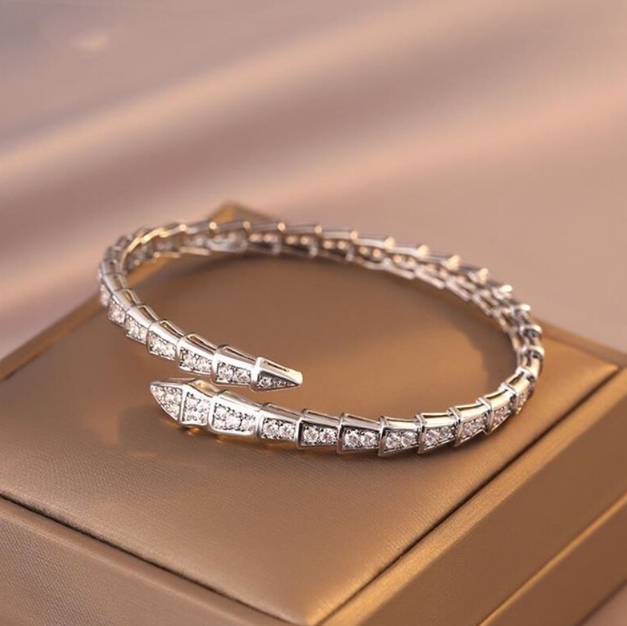 Boho 14k Gold Zirconia Diamond Snake Bracelet - Golden Serpent