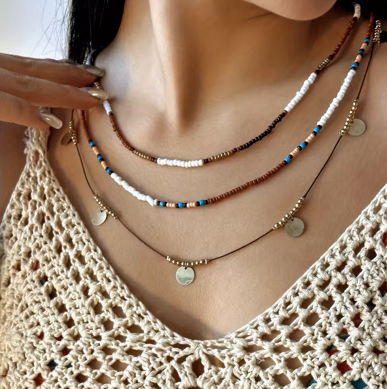 Boho Three Multi Layered Gold Necklace - Brown Beaded Choker