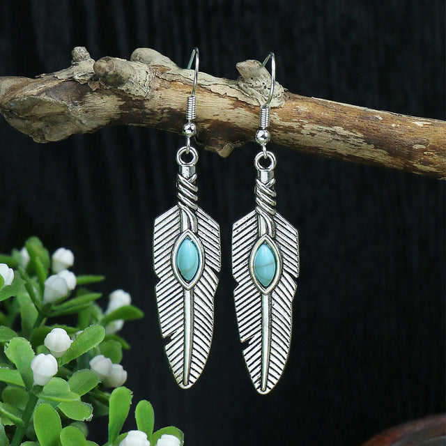 Boho Earrings | Feather Turquoise Silver Drop Earrings
