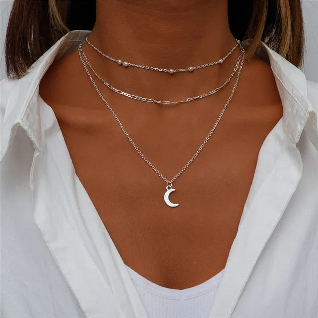 Boho Three Multi Layered Necklace - Moon Crescent Pendant