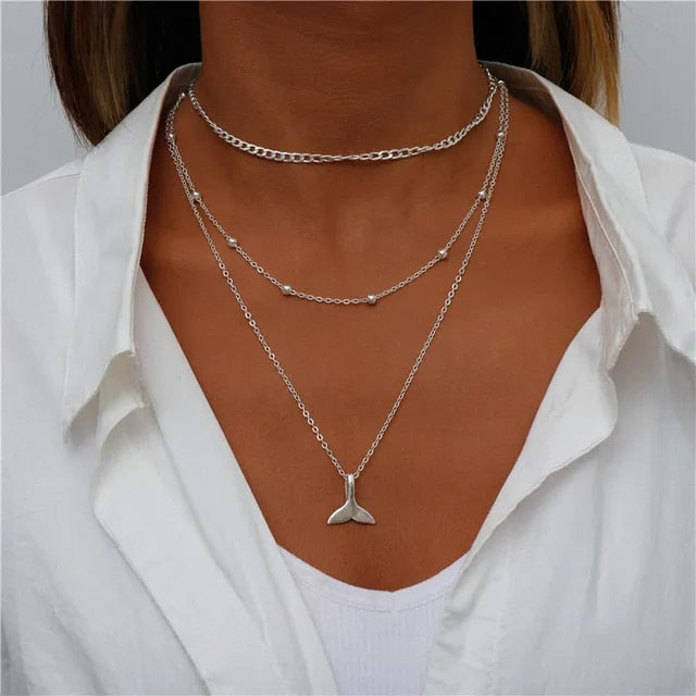 Boho Silver Three Multi Layered Necklace - Whale Tail Pendant