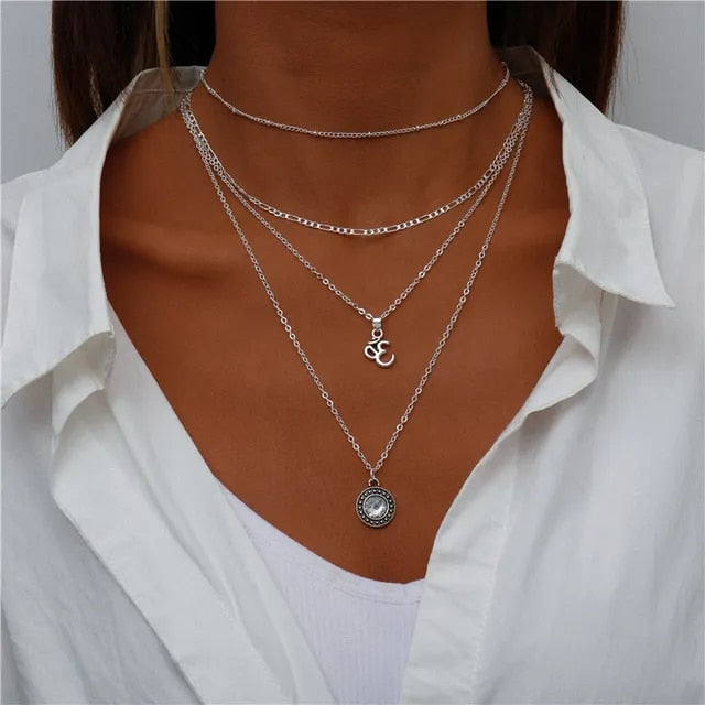 Boho Silver Four Multi Layered Necklace - Ohm Double Pendant
