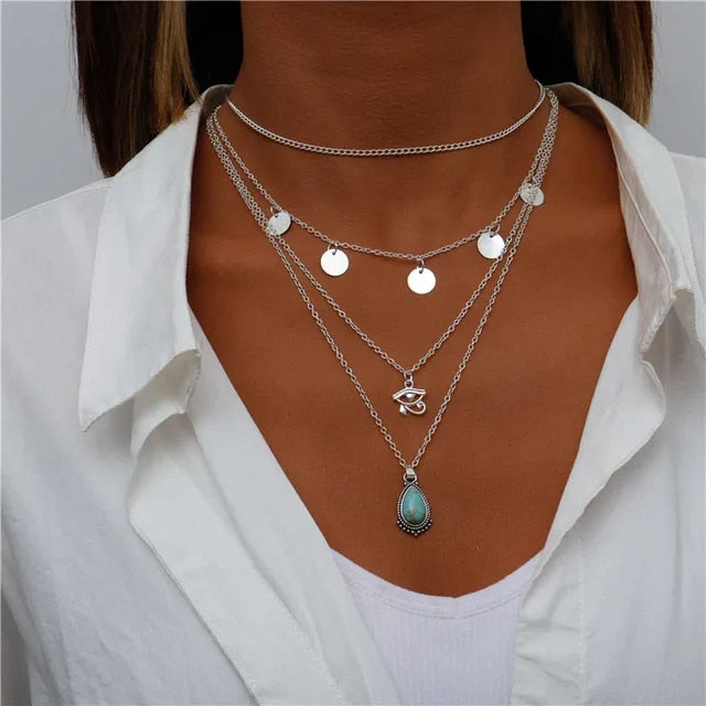 Boho Silver Four Multi Layered Necklace - Eye Of Horus Turquoise Double Pendant