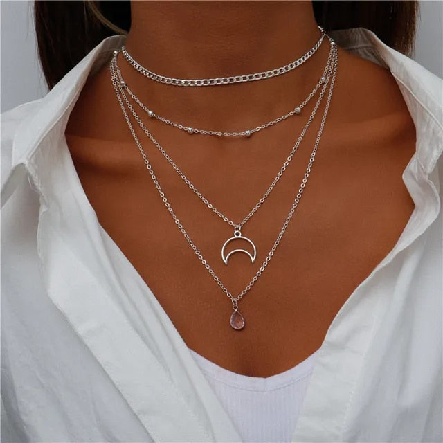 Boho Four Layered Silver Necklace with Half Moon & Pink Pendant