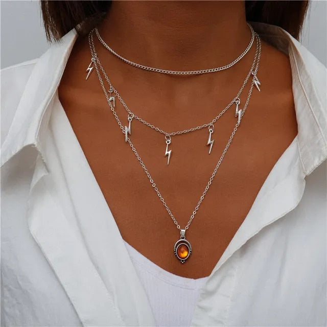 Boho Three Multi Layered Necklace - Amber Lightning Pendant