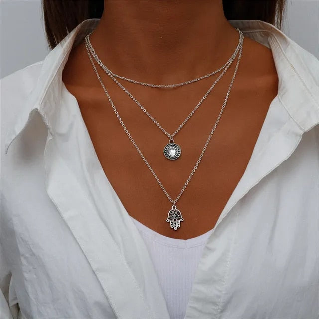 Boho Three Multi Layered Necklace - Chakra Hamsa Pendant