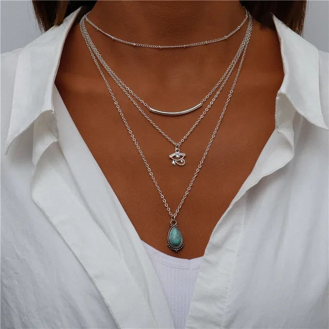 Boho Silver Four Multi Layered Necklace - Eye Of Horus Turquoise Double Pendant Style 2