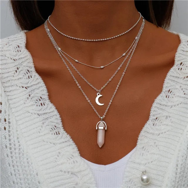 Boho Multi Layered Silver Necklace with Half Moon & Amethyst Rose Quartz Pendant