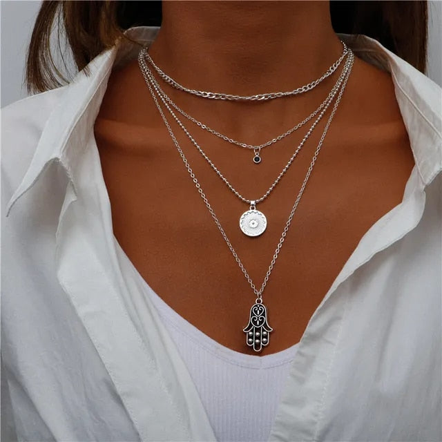 Boho Multi Four Layered Necklace - Chakra Hamsa Pendant