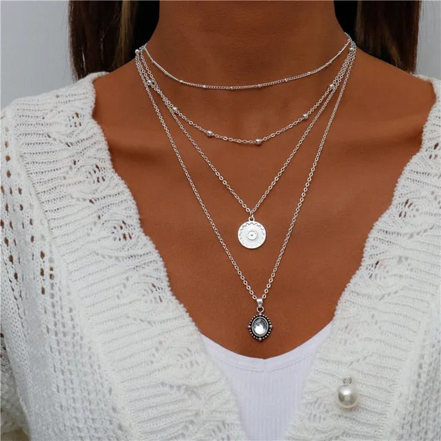 Boho Four Multi Layered Necklace - Double Pendant