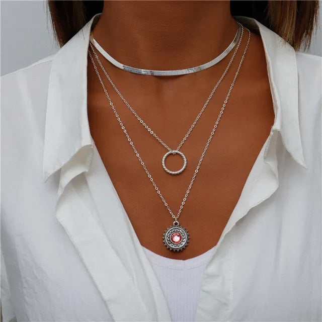 Boho Three Multi Layered Necklace - Ring and Quartz Pendant