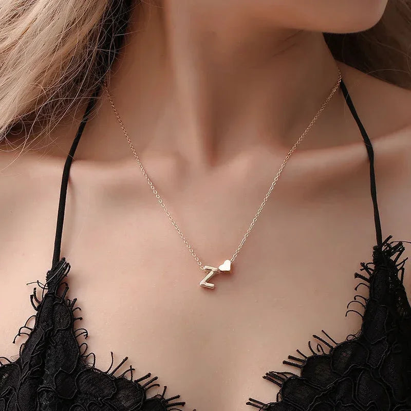 Delicate Gold Choker Necklace with Tiny Heart and Dainty Initial