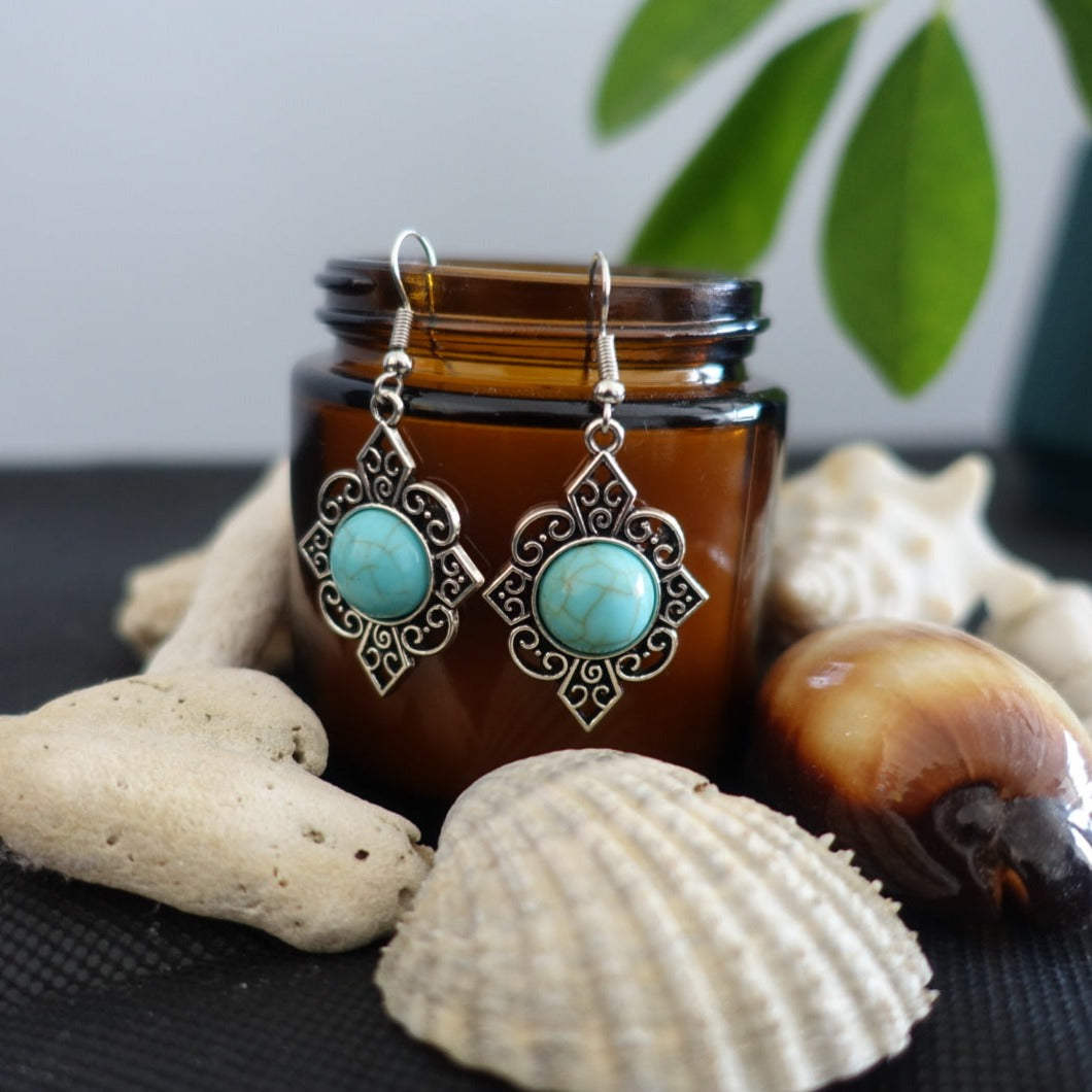 Boho Diamond Filigree Silver Turquoise Earrings