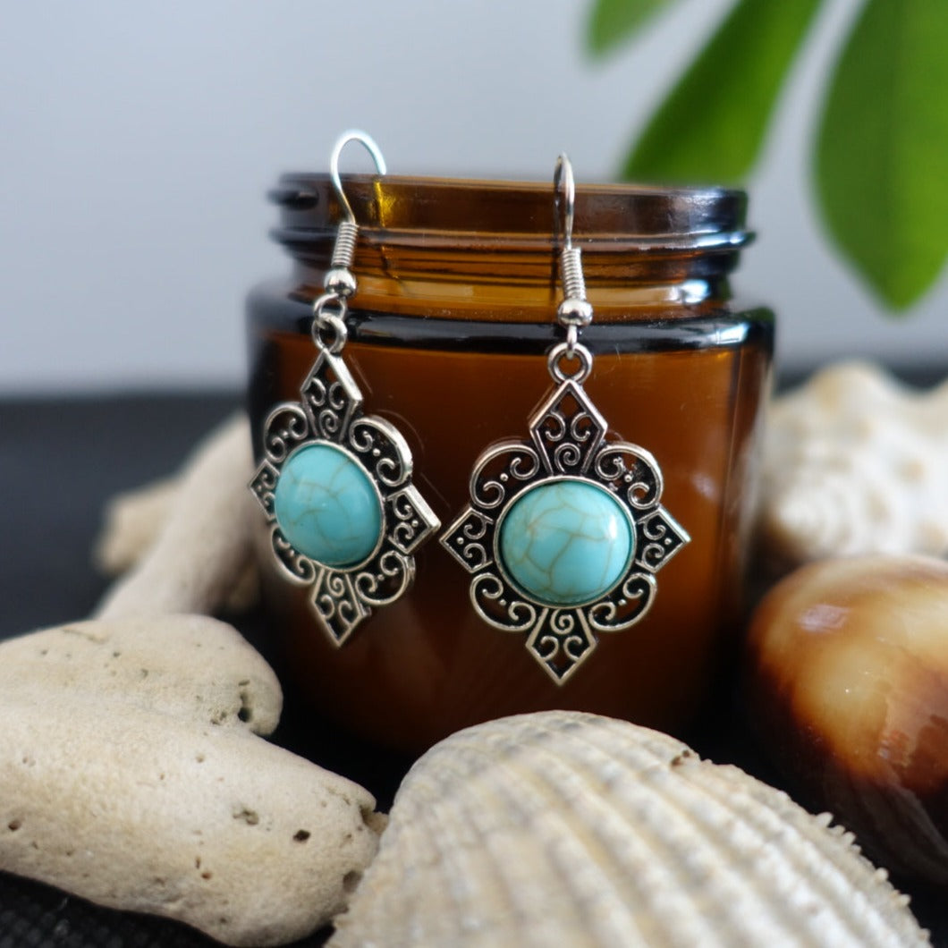 Boho Diamond Filigree Silver Turquoise Earrings