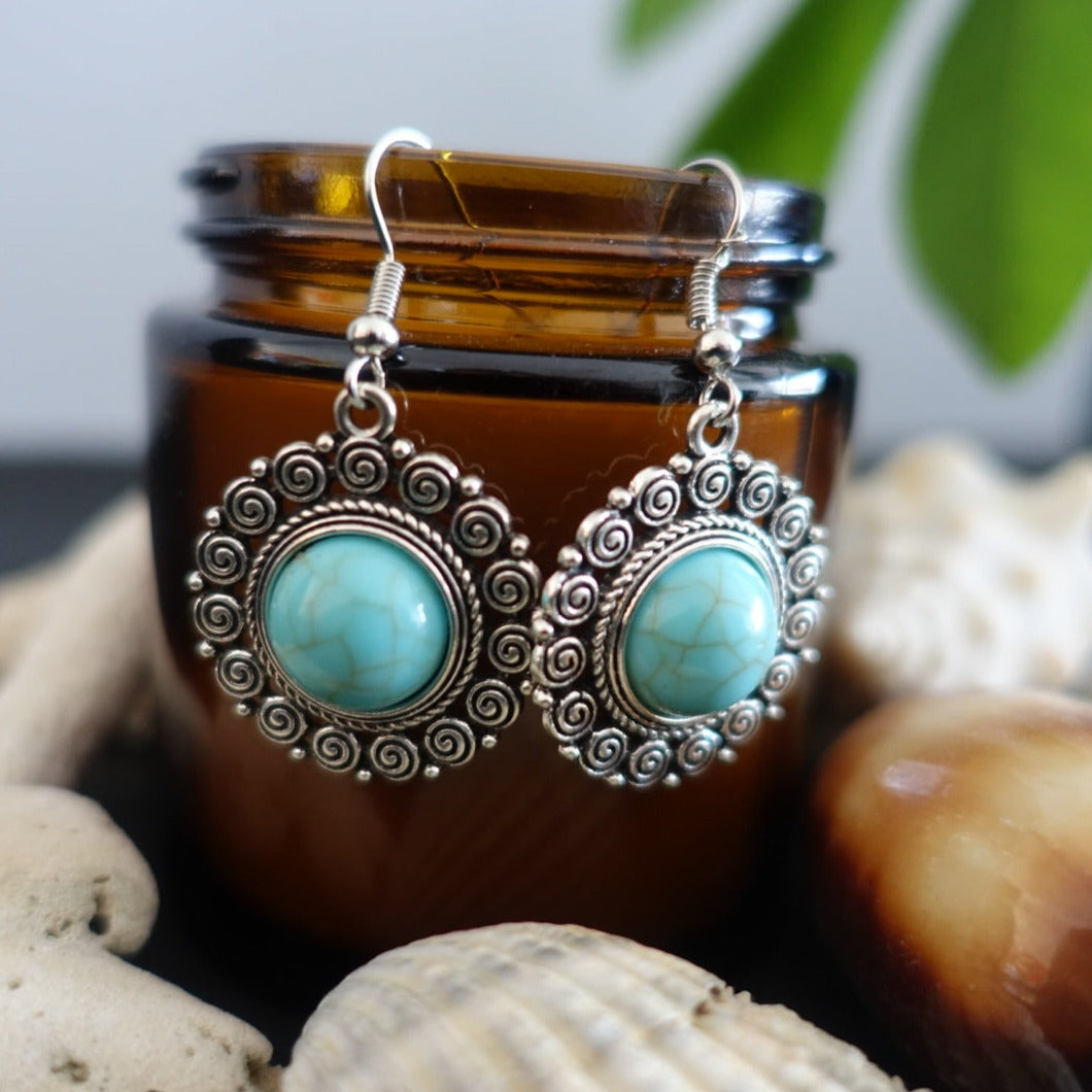 Boho Spiral Silver Turquoise Earrings
