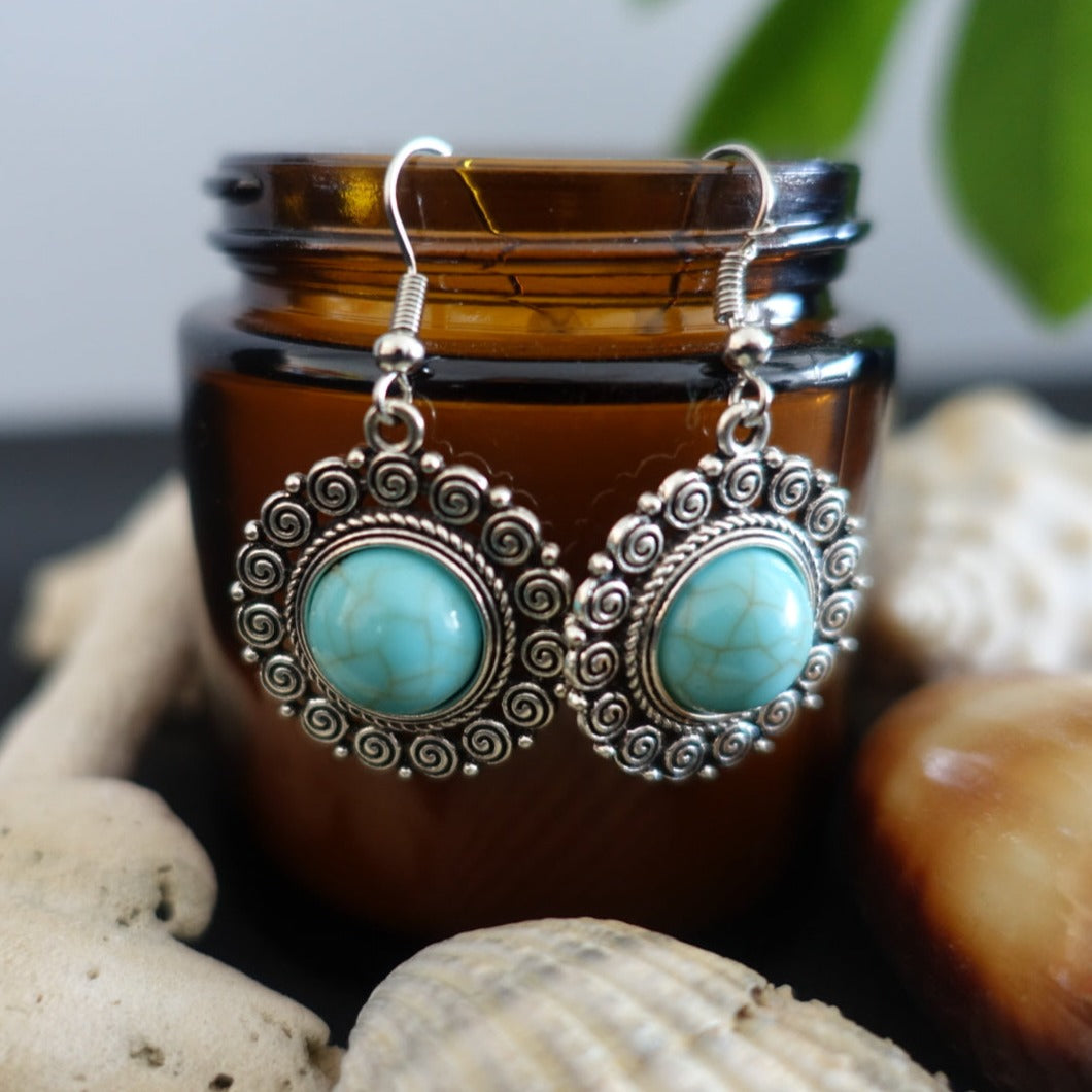 Boho Spiral Silver Turquoise Earrings
