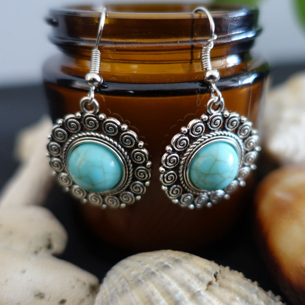 Boho Spiral Silver Turquoise Earrings