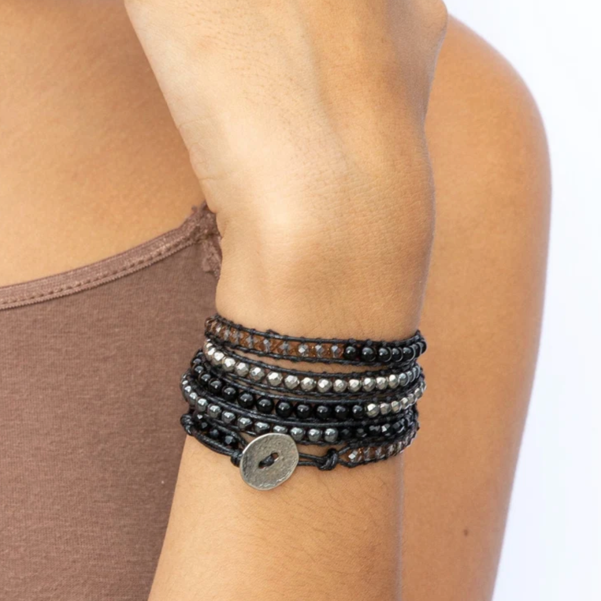 Black Onyx, Silver + Black Hematite - Boho Bracelet