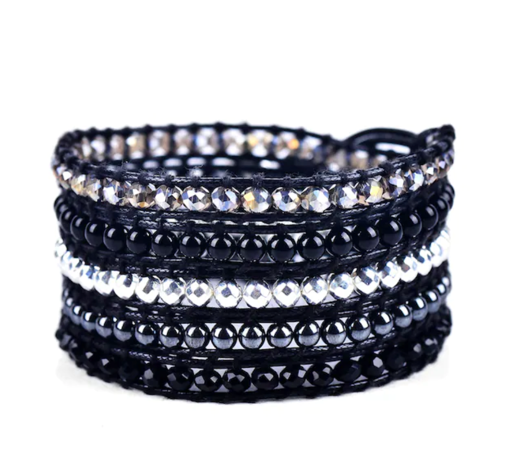 Black Onyx, Silver + Black Hematite - Boho Bracelet