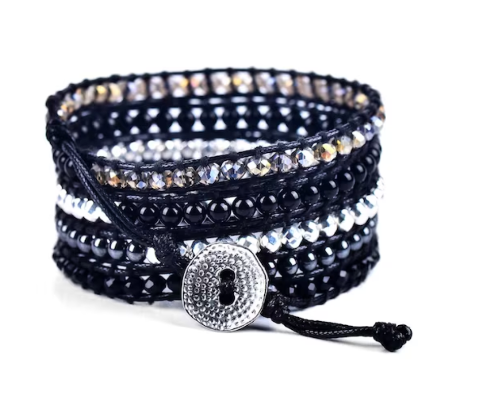 Black Onyx, Silver + Black Hematite - Boho Bracelet