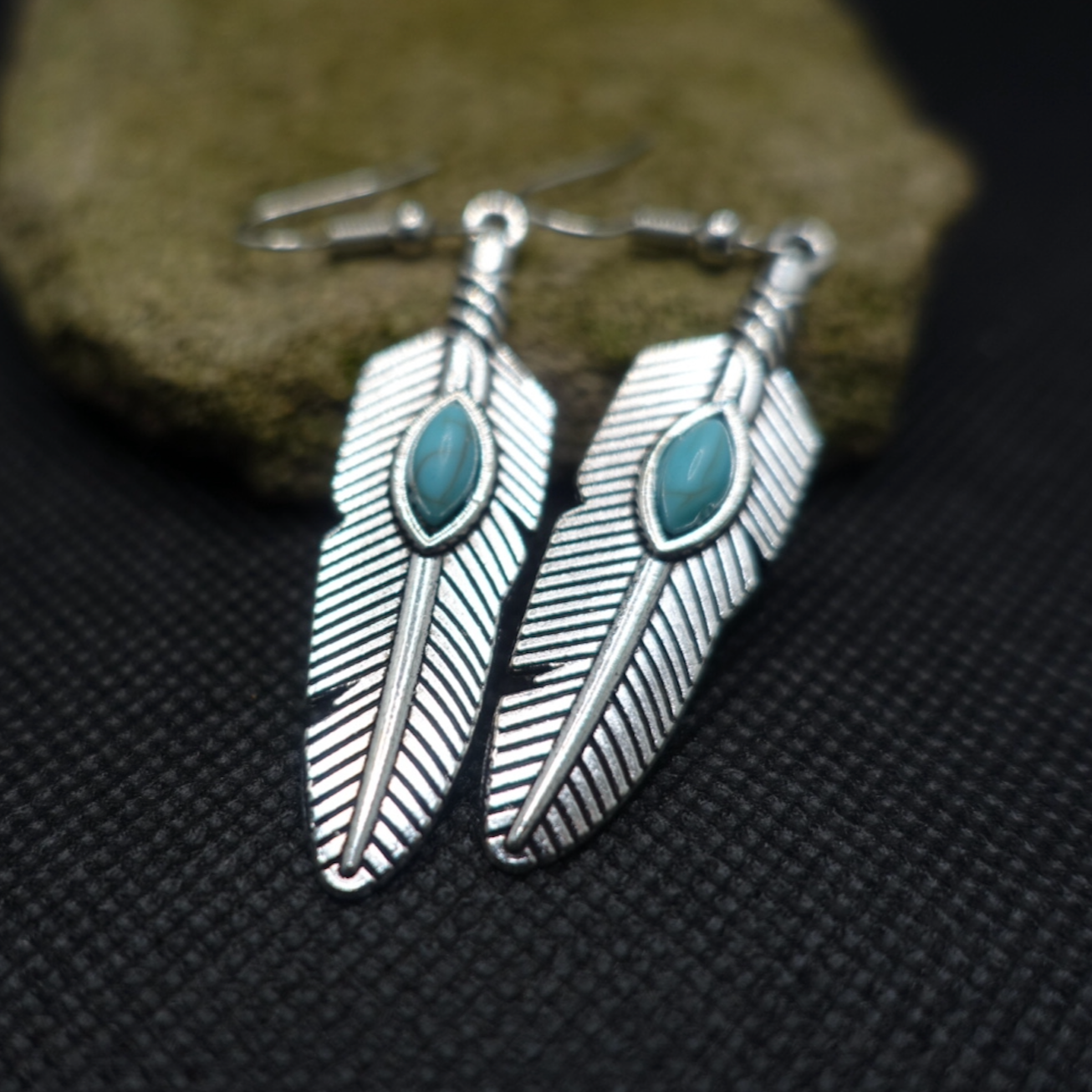 Boho Earrings | Feather Turquoise Silver Drop Earrings