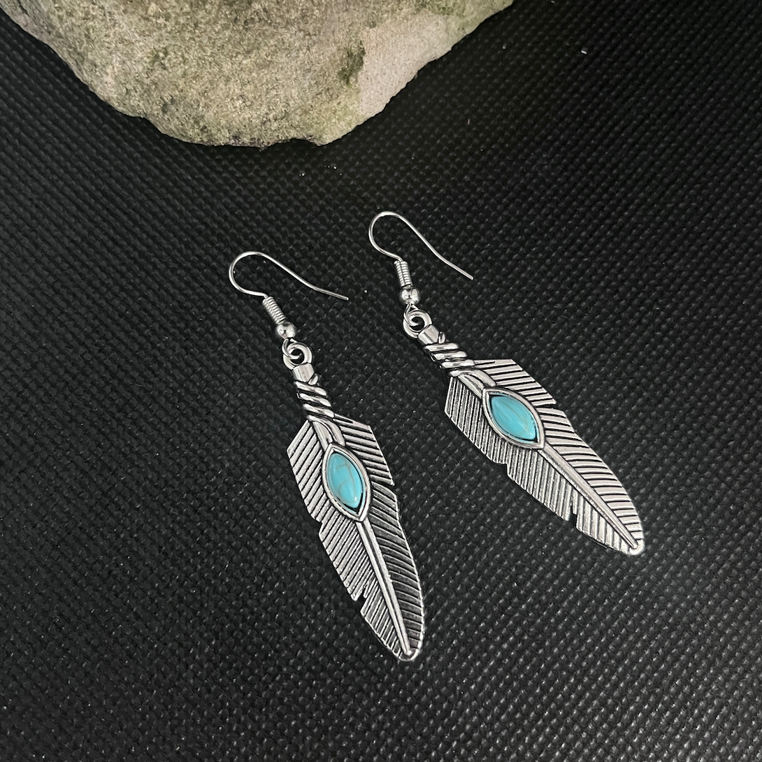 Boho Earrings | Feather Turquoise Silver Drop Earrings