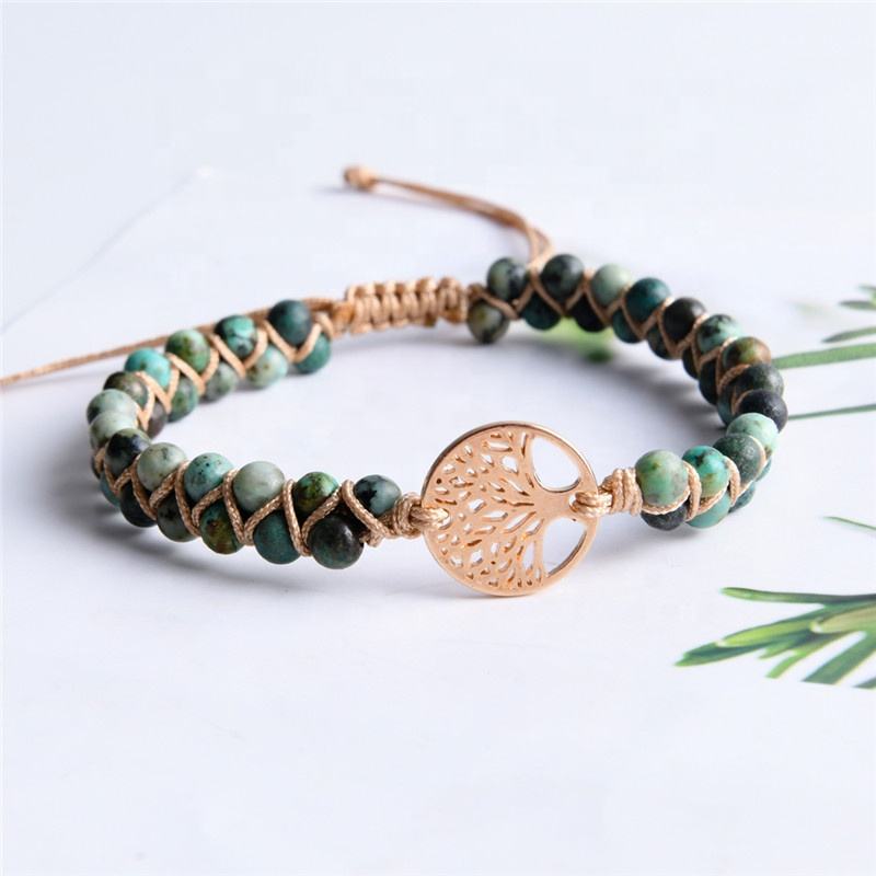 Tree of Life Turquoise African Jasper Beaded Charm Bracelet