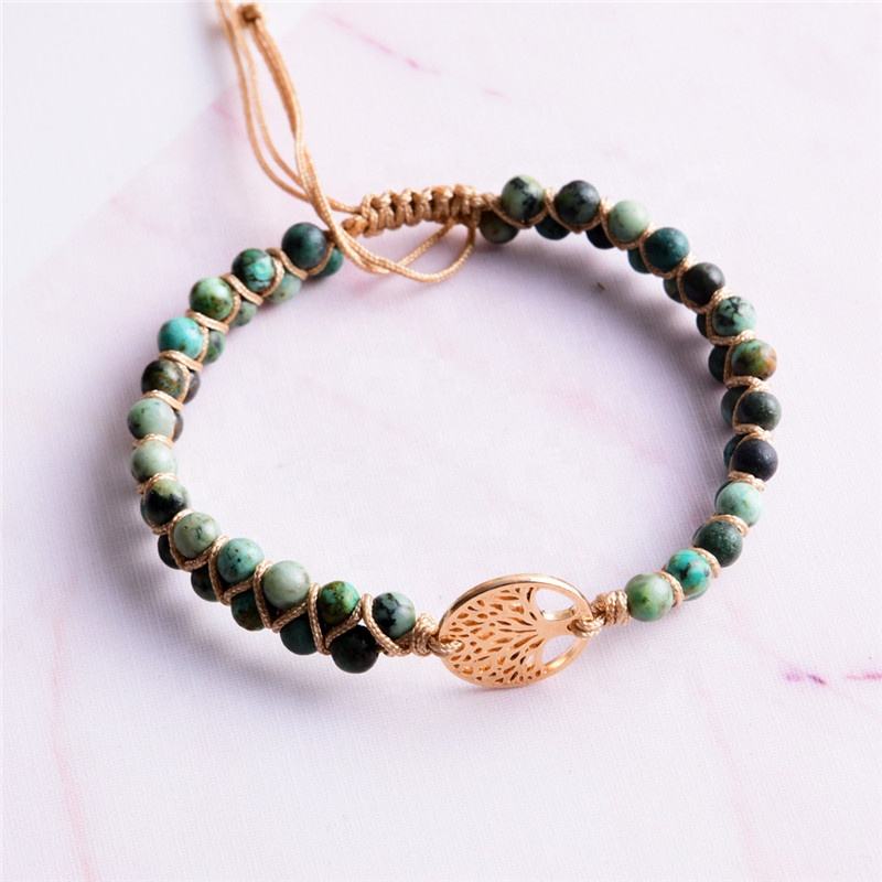 Tree of Life Turquoise African Jasper Beaded Charm Bracelet