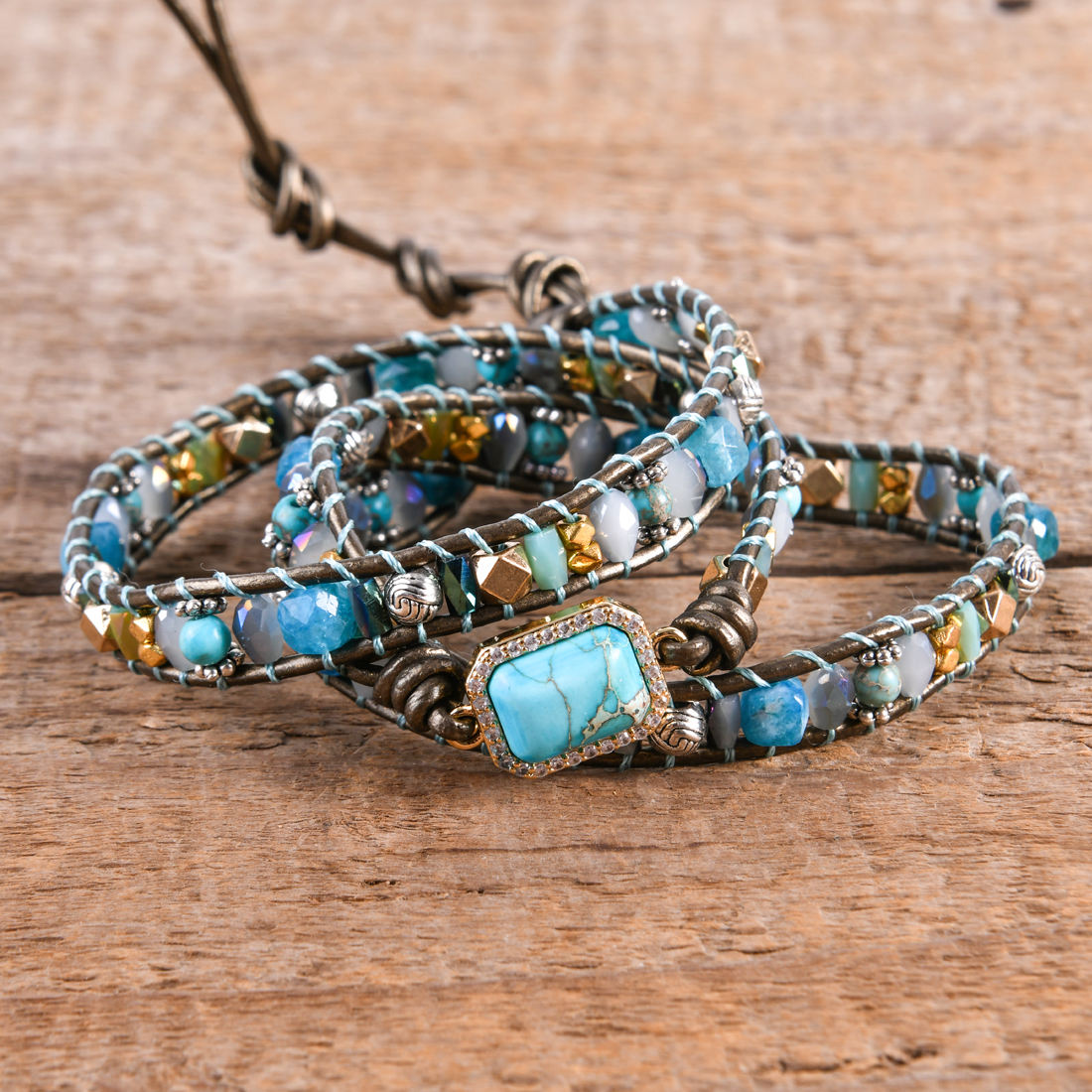 Square Imperial Jasper 3 x Wrap - Boho Bracelet