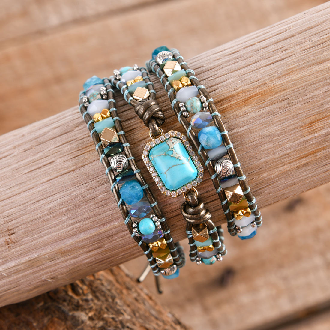 Square Imperial Jasper 3 x Wrap - Boho Bracelet