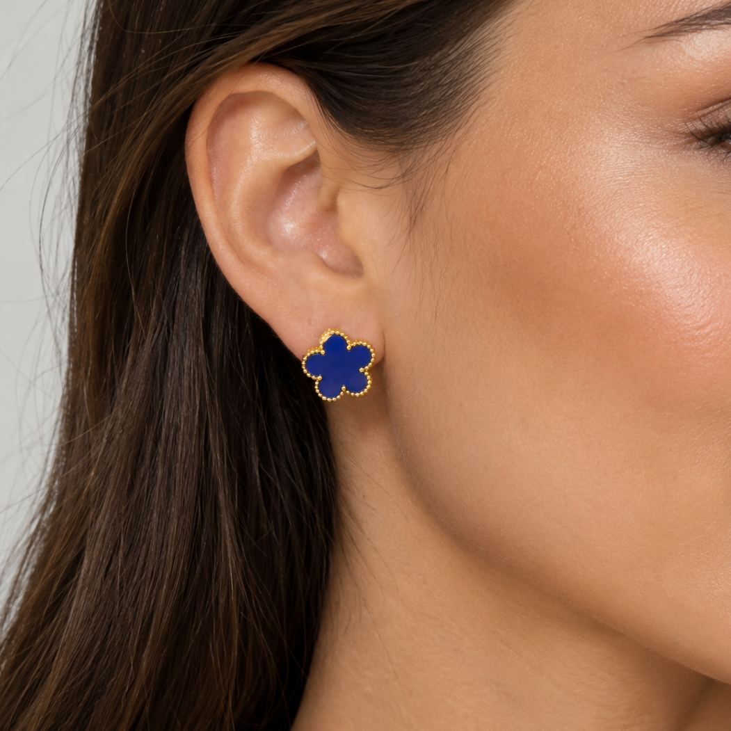 Blue Gold Plated Clover Leaf Charm Earrings