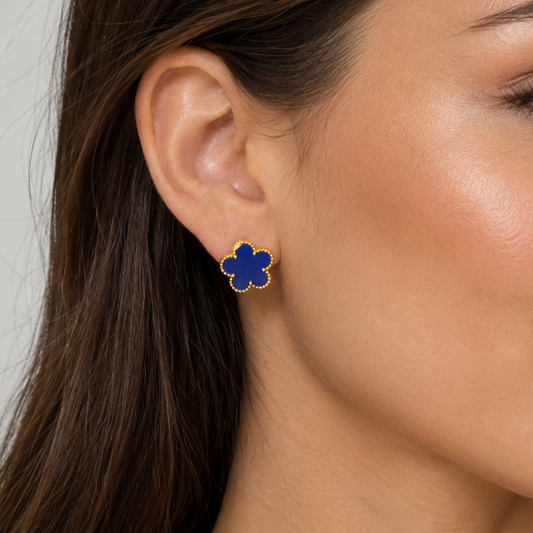 Blue Gold Plated Clover Leaf Charm Earrings