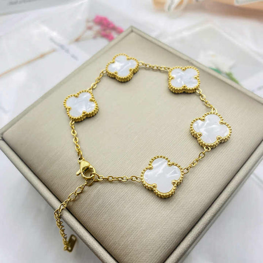 Classic Four Leaf Gold Plated Clover Charm Bracelet - White