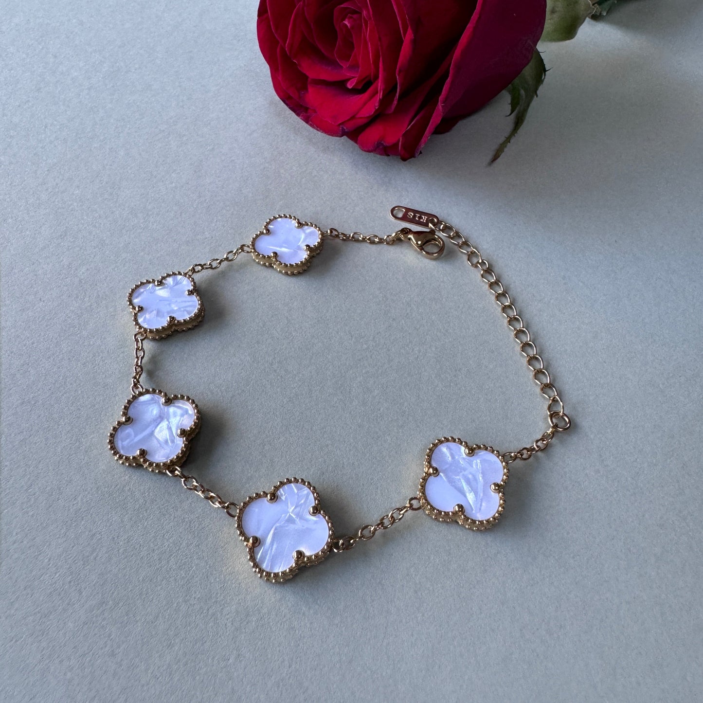 Classic Four Leaf Gold Plated Clover Charm Bracelet - White