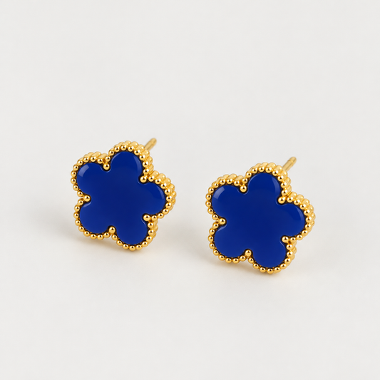 Blue Gold Plated Clover Leaf Charm Earrings