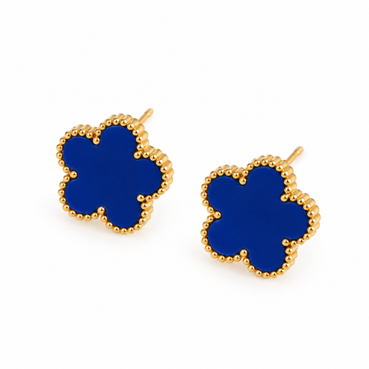Blue Gold Plated Clover Leaf Charm Earrings