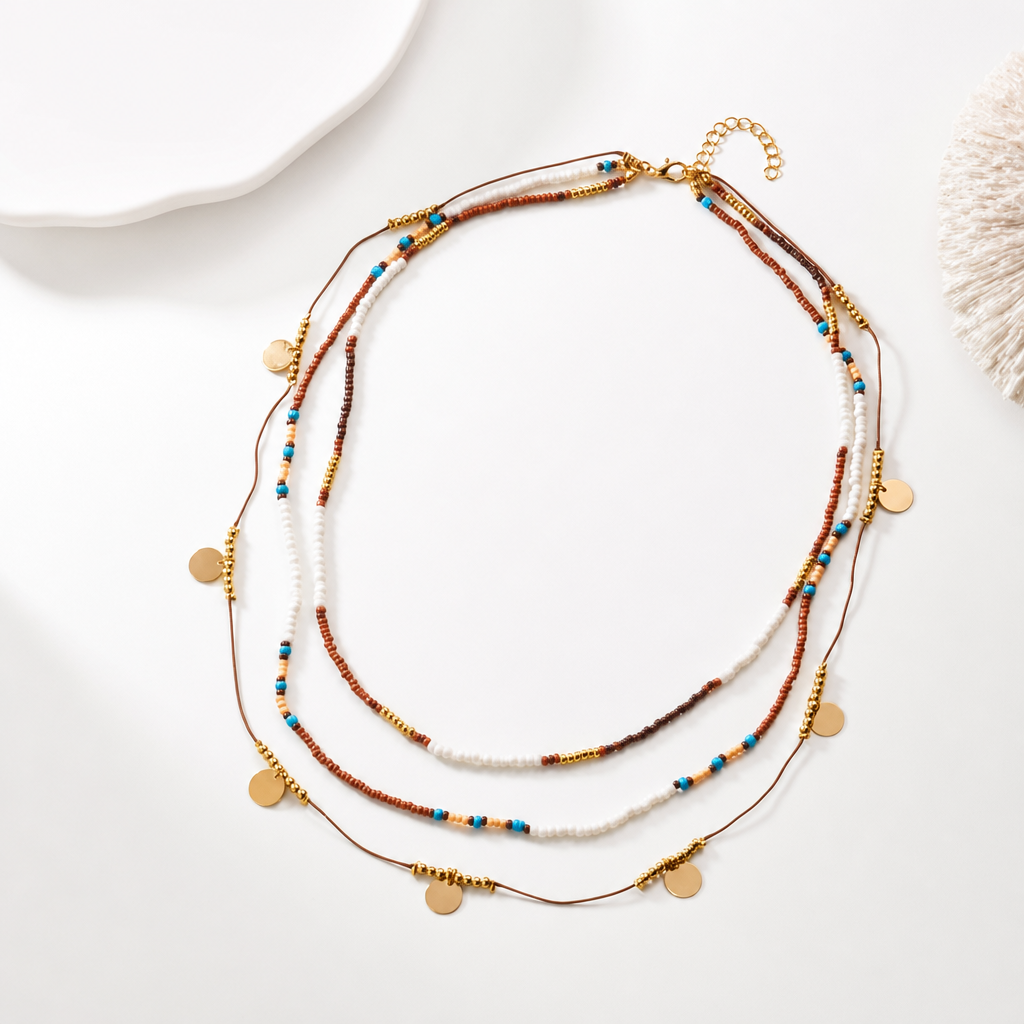 Boho Three Multi Layered Gold Necklace - Brown Beaded Choker