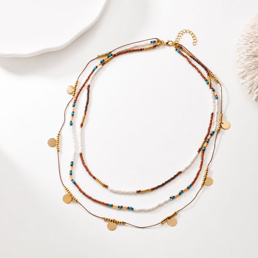 Boho Three Multi Layered Gold Necklace - Brown Beaded Choker