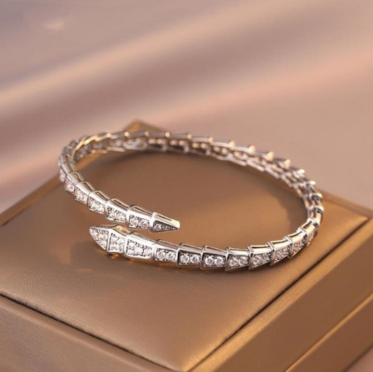 Boho 14k Gold Zirconia Diamond Snake Bracelet - Golden Serpent