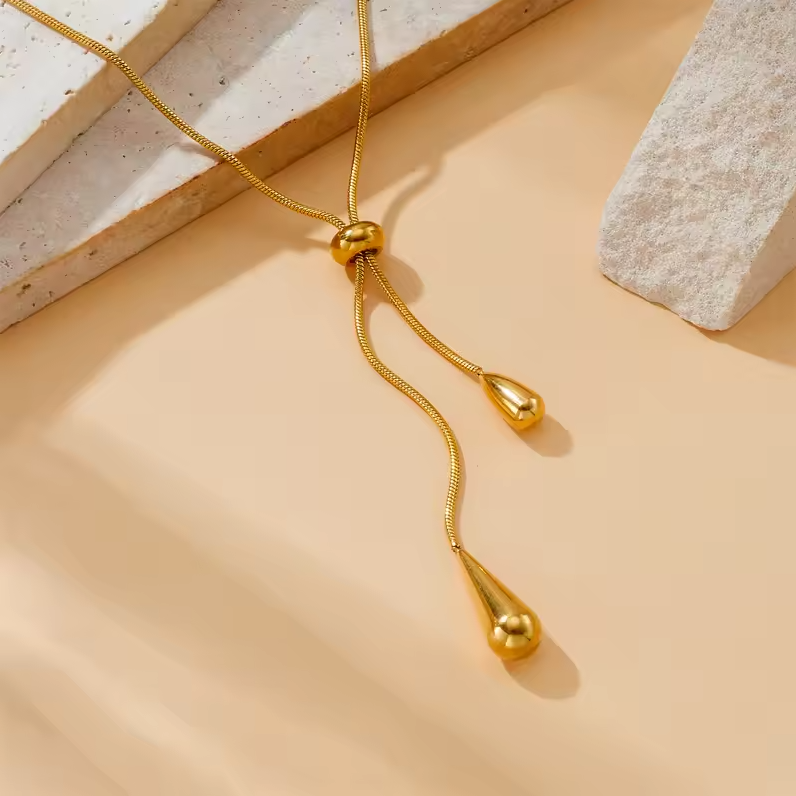 Gold Droplet Charm Chain Choker Pendant Necklace