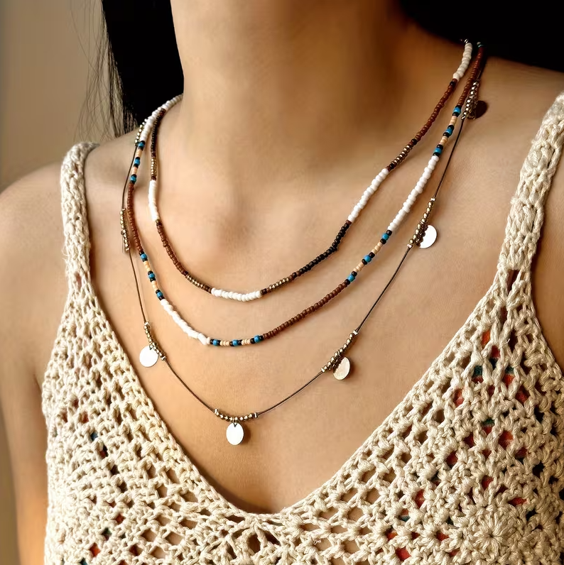 Boho Three Multi Layered Gold Necklace - Brown Beaded Choker