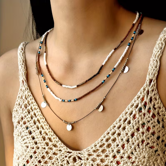 Boho Three Multi Layered Gold Necklace - Brown Beaded Choker