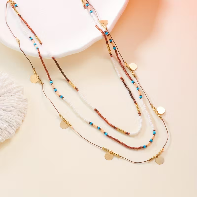 Boho Three Multi Layered Gold Necklace - Brown Beaded Choker