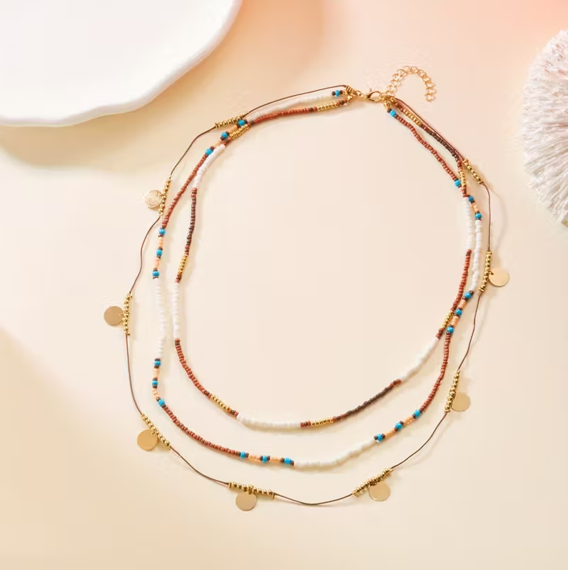 Boho Three Multi Layered Gold Necklace - Brown Beaded Choker