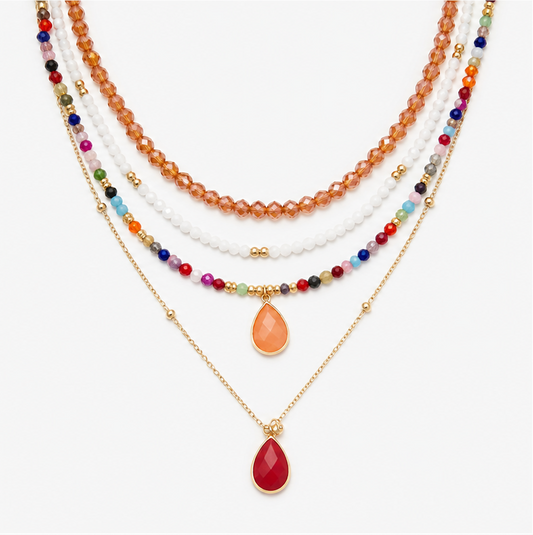 Boho Multi Layered Necklace with Red and Rose Quartz Pendant