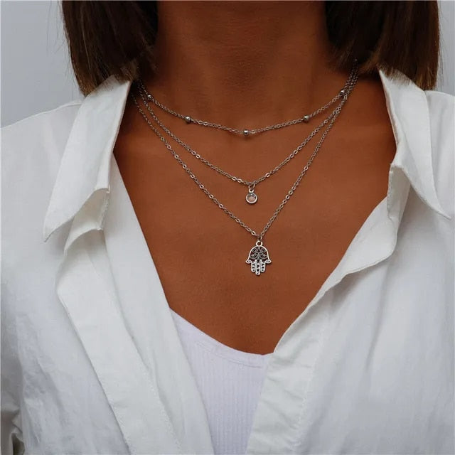 Boho Silver Three Multi Layered Necklace - Hamsa Double Pendant