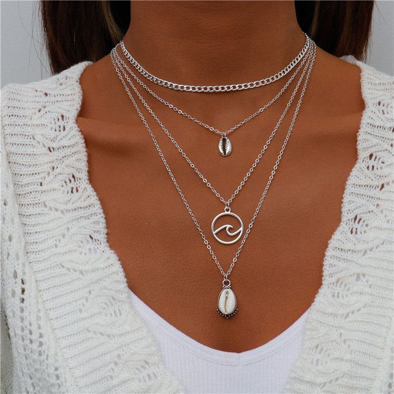 Boho Multi Layered Silver Necklace with Shell Statement Pendant